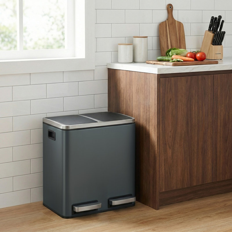 Double Kitchen Bin, Pedal Recycling Bin, Soft Close, Inner Buckets, 2 x 15 L, Greenish Gray