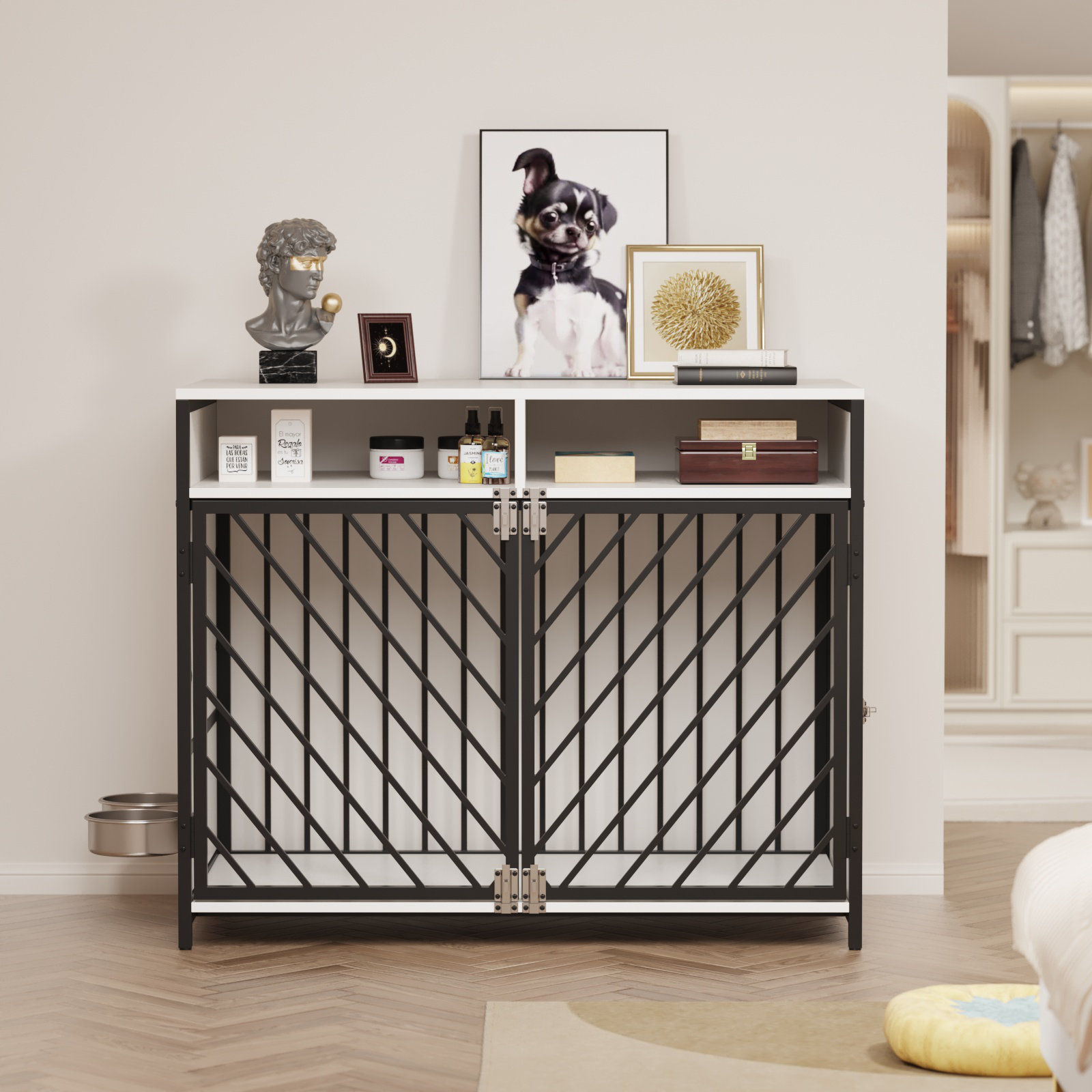 Tucker Murphy Pet™ Wooden Dog Crate Furniture With A 360degree Rotatable Dog Feeder, Dog Kennel