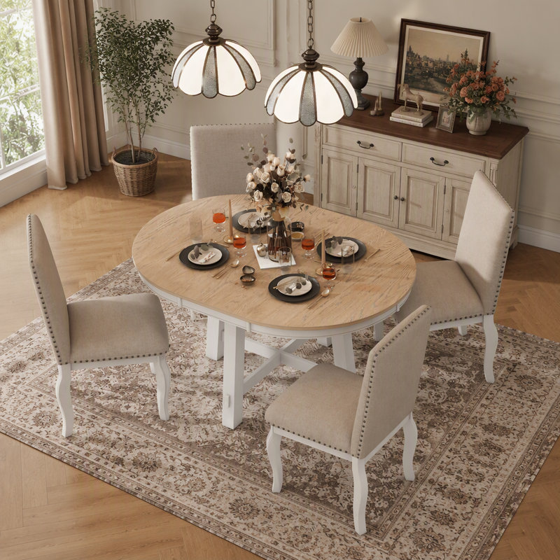 Ensemble de table de salle à manger 5 pièces Farmhouse, Bois de chêne naturel / blanc antique, Gris blanc antique