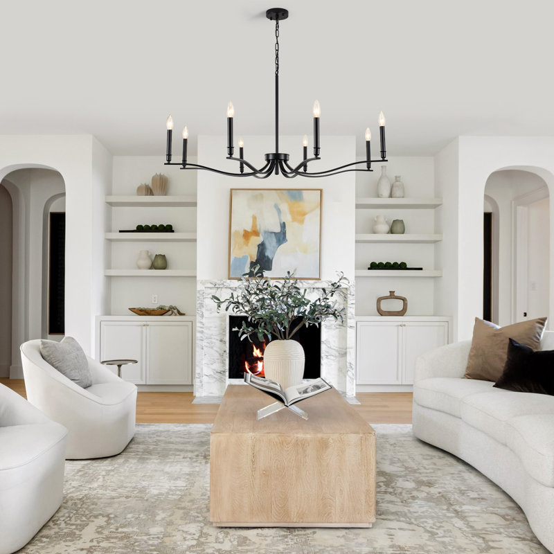 Lustre 8 lumières de style campagnard à 8 lumières de 43,7 po de largeur, Noir mat