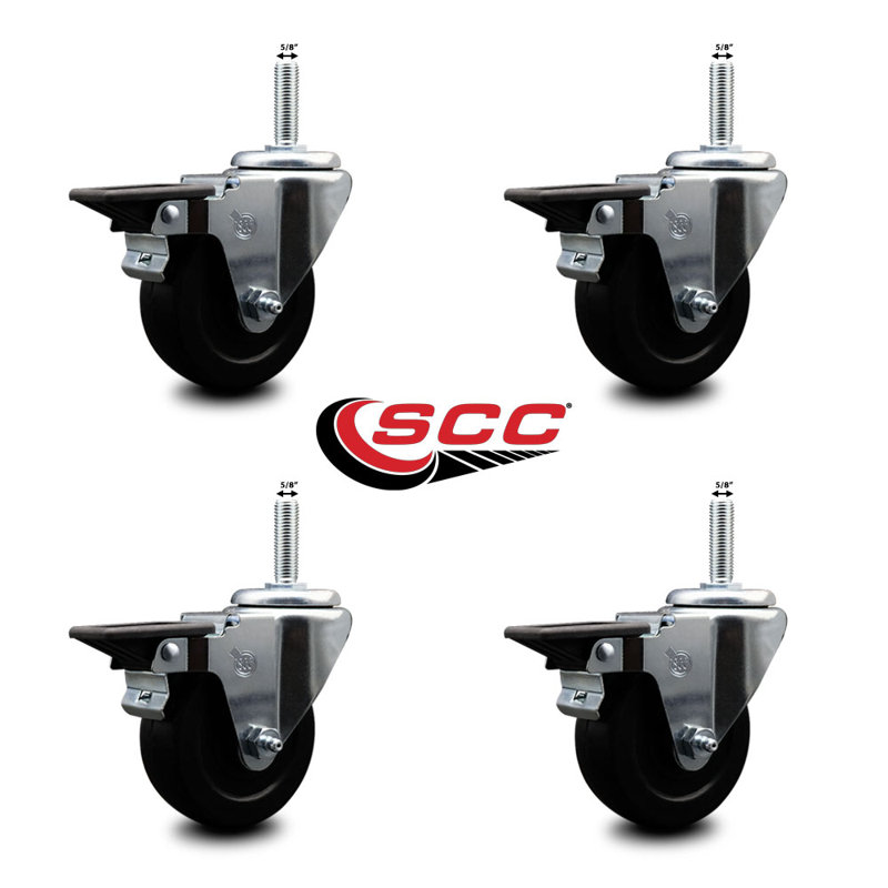 3.5 Inch_Soft Rubber Wheel Swivel 5/8 Inch Threaded Stem Caster Set with Brake