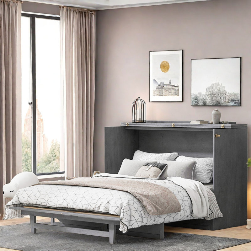 Full Size Murphy Bed with Large Drawers and USB Ports, Perfect for Space-Saving and Modern Living, Gray, Full