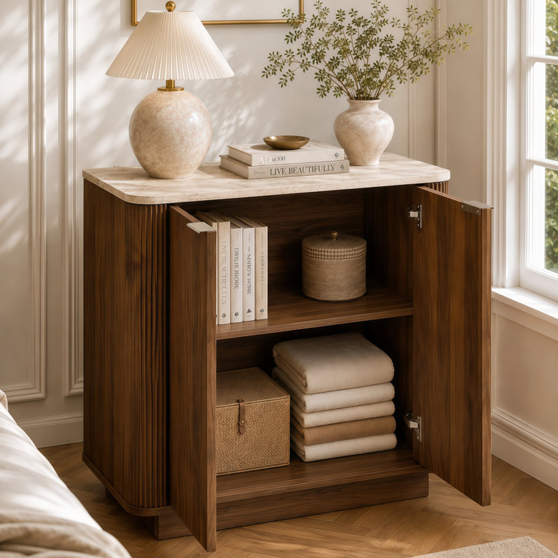 Walnut/Natural Fluted Sideboard 80cm with Travertine-Style Top & Metal Handles, Walnut