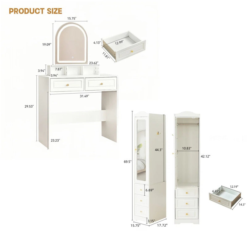 Vanity Desk & 2 Armoire Wardrobe Cabinet With 5 Drawers & 3 Color And Lighting Brightness Adjustable, Dressing Table Set With Mirror And Lights ,white
