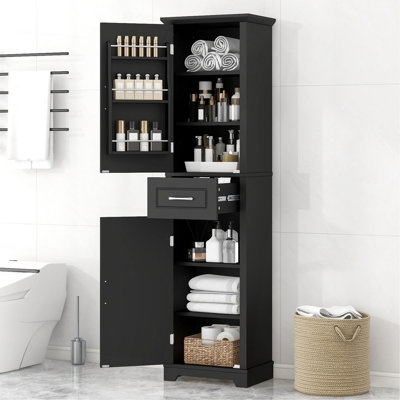 Grande armoire de rangement pour salle de bain, armoire de rangement autoportante avec deux portes et tablettes réglables, conception à étagère de porte, panneau de fibres à densité moyenne avec finition peinte