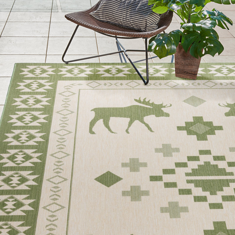 Solterra Timberhall Palm Green Cream Beige Rustic Lodge Moose Flatweave Polypropylene Indoor/ Outdoor Area Rug