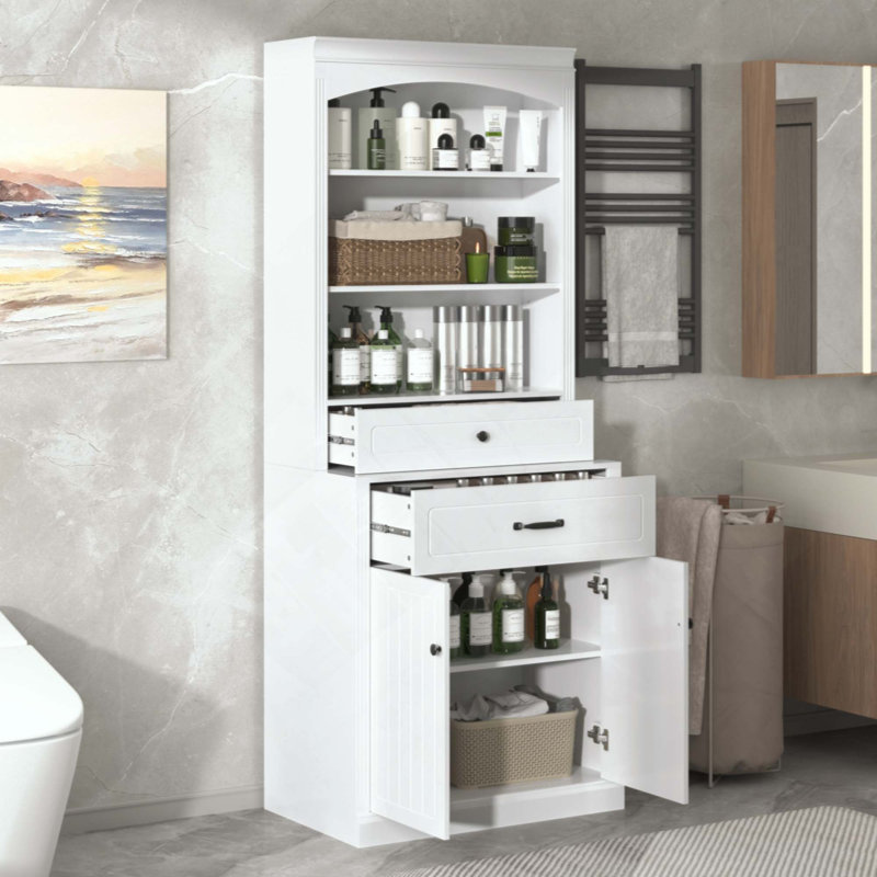 Armoire de rangement pour salle de bain avec quatre portes, tiroirs, tablette réglable et six tablettes ouvertes