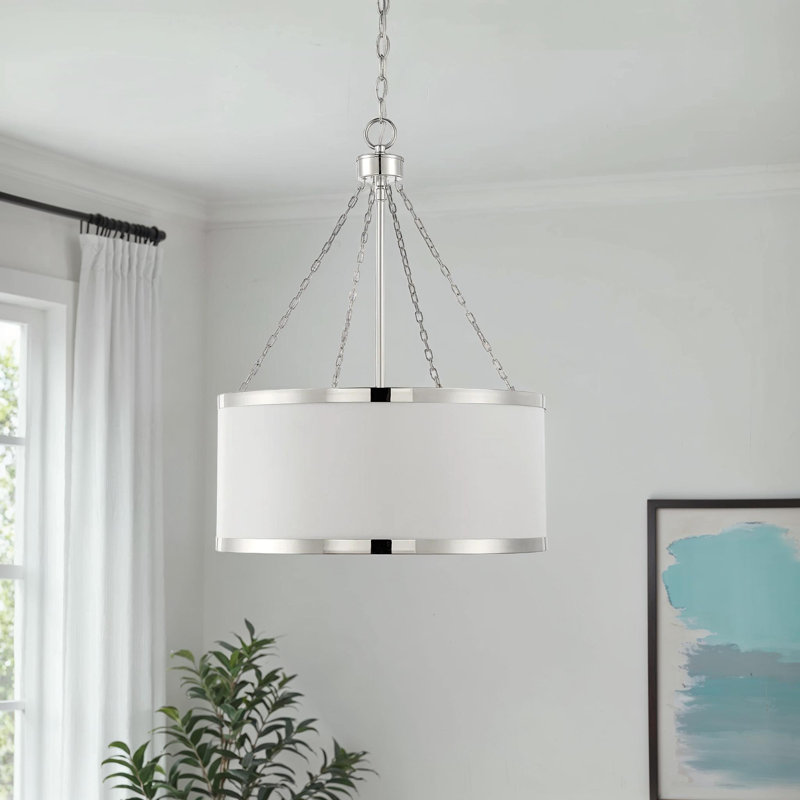 Braselton 6-Light Dimmable Drum Chandelier, Polished Nickel, White