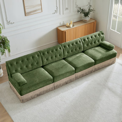 135" Soft Velvet Fabric,Button Tufted Design Chesterfield Style Sofa,Tassel Skir,Modular Combination Design,Premium Wooden Base,Easy to Assemble,High-density high resilience foam,For Lounge,Green