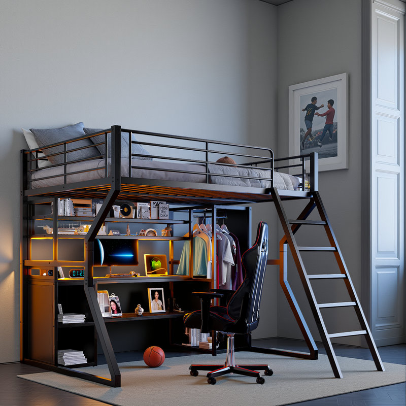 Lit mezzanine avec rangement ouvert DEL