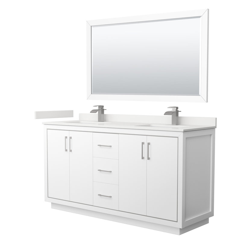 Meuble-lavabo double autoportant 66 po avec plateau en quartz 66 po, Quartz blanc, Blanc, Nickel brossé