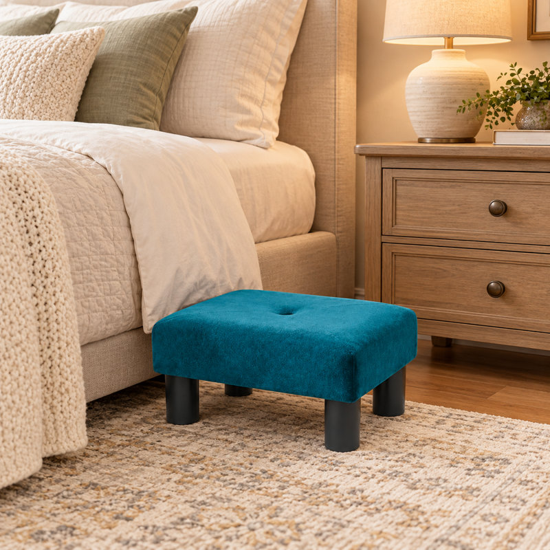 14.5" Modern Velvet Ottoman Footstool For Living Room, Blue Velvet