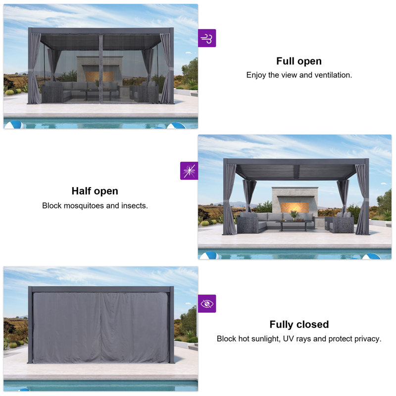 PURPLE LEAF Louvred Pergola with Netting and Curtains, 7.7' H x 12' W x 16' D