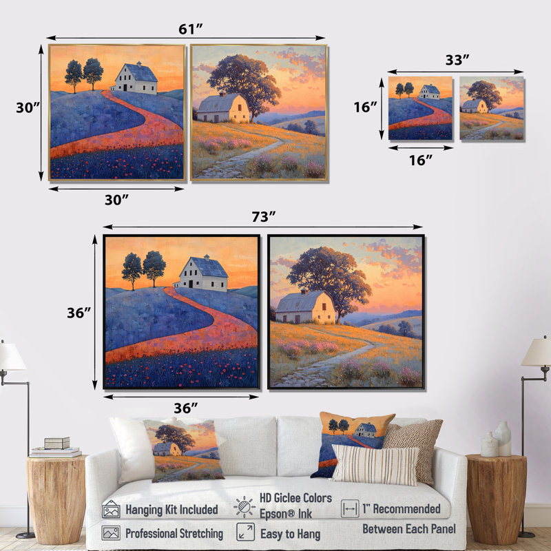 Paysage de ferme coucher de soleil en tons de bleu et orange I - Art mural de ferme - ensemble de 2 décorations murales traditionnelles