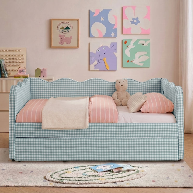 Lit de jour simple rembourré avec lit gigogne escamotable, ports de charge USB et Type-C, structure de canapé en tissu vichy avec support en lattes de bois pour la chambre à coucher, la chambre d'amis et le salon
