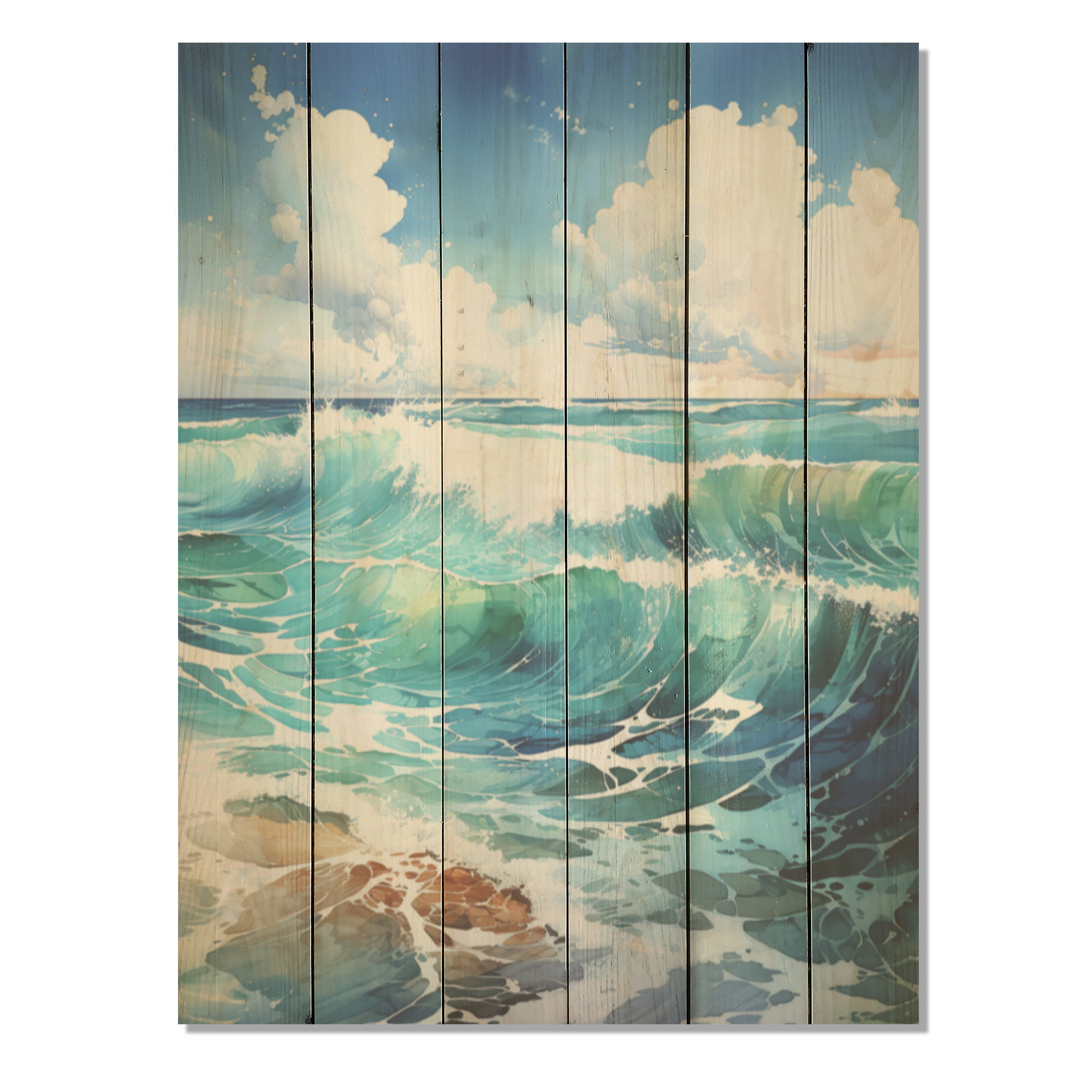Beachcrest Home™ Tropical Beach Waves Fusion - Coastal Beach Wood Wall