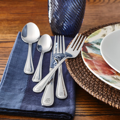 RiverRidge Beaded Flatware 46-Piece Monogrammed Stainless Steel Silverware Set for 8