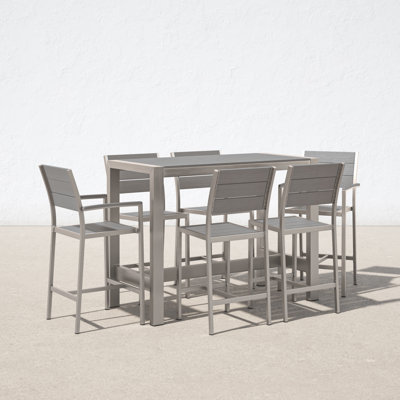 Betty 7-Piece Patio Bar Dining Set with Poly Resin Seating and Rust Free Aluminum Frame in Grey