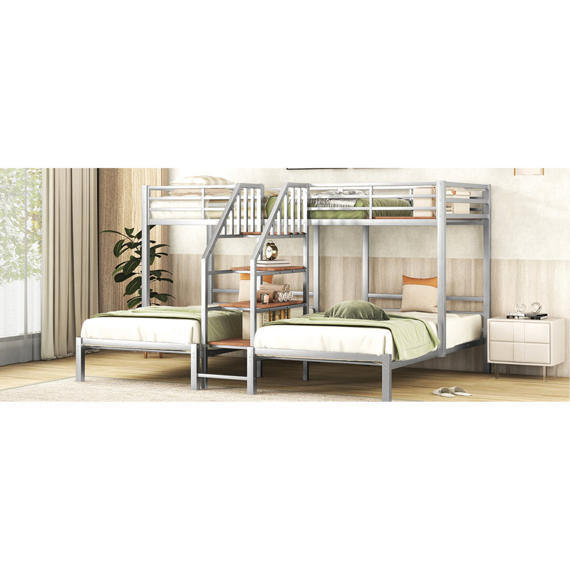 Twin Over & Metal Bunk Bed With Silver Storage Shelves Staircase - Bedroom Creativity Storage, For Beds Charmingness, Silver