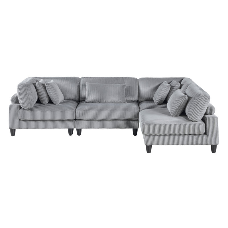 Ensemble de canapé modulaire 4 pièces avec coussins en velours côtelé gris et pieds en bois massif