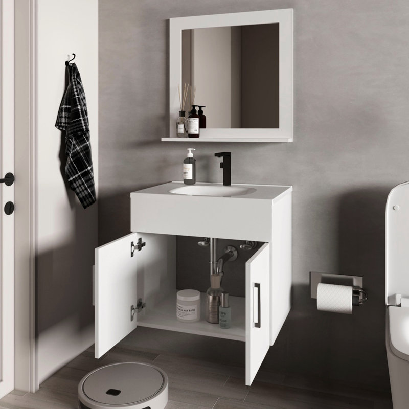 2-Door White Bathroom Vanity With Sink, Mirror And Floating Feature - 21 Inches High, 24 Wide, Particle Board, Versatile Layout Sink Brightens Space, Style