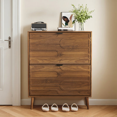 Armoire à chaussures, armoire de rangement à chaussures en noyer de 31,5 po, armoire à chaussures avec 2 tiroirs rabattables