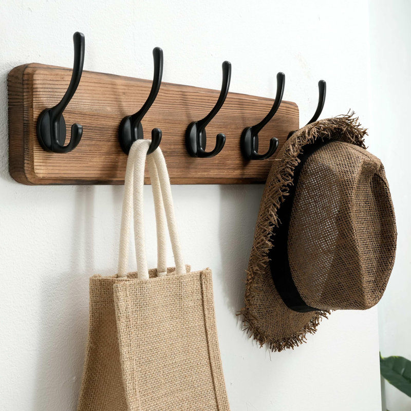 Portemanteau rustique mural, 5 crochets, bois massif, Brun