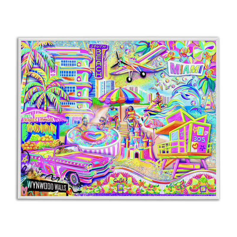 «Miami Fun Collage Giclee» par Jess Stempel, H 11 po x l 14 po, Estampe numérique encadrée blanc bord de mer