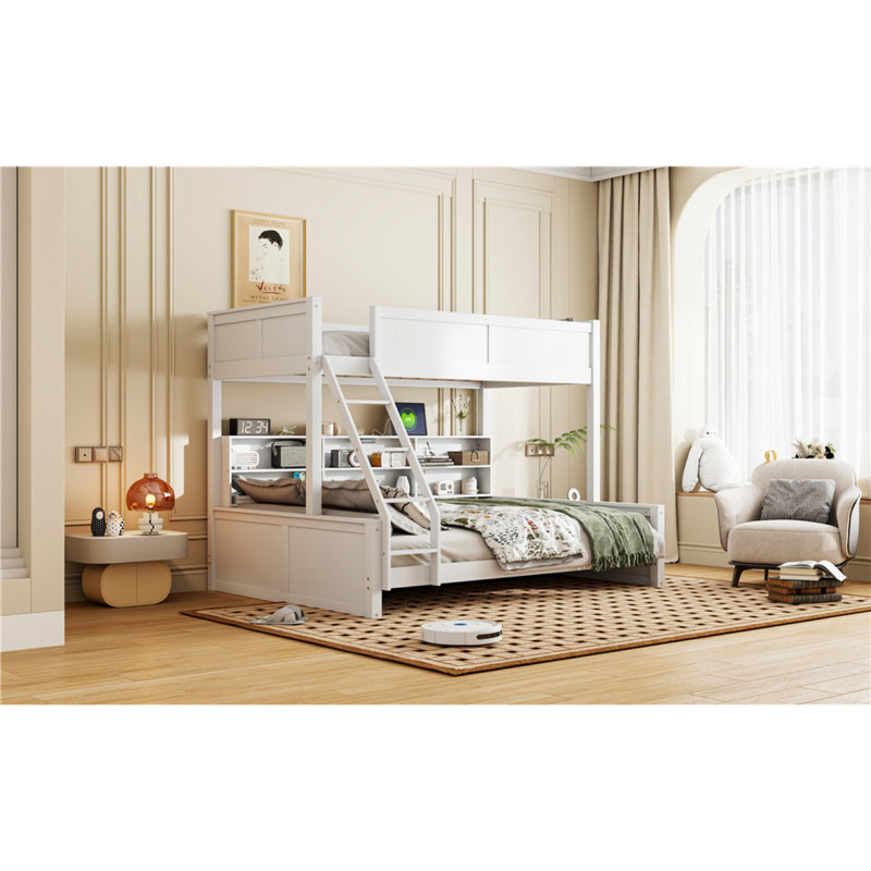 Lit simple superposé au-dessus de grand lit simple avec armoires de rangement et ports USB, blanc antique, Blanc antique