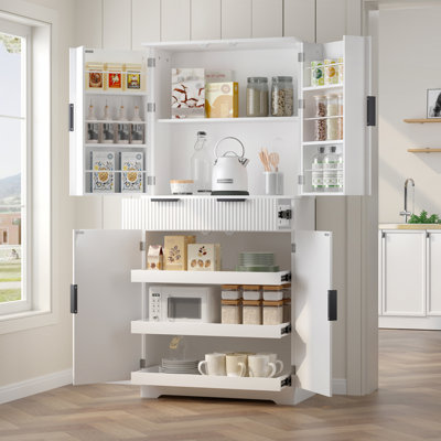 Fluted Kitchen Pantry Cabinet with 3 Keyboard Drawers and 6 Door Shelves Adjustable