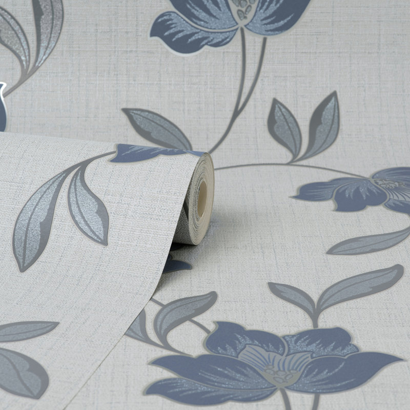 Larson Floral Navy Silver Wallpaper