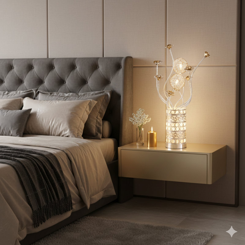 Lampe de table en aluminium à bourre de cuivre et fil d'argent en aluminium pour salon, table de chevet, lampe de chevet pour chambre à coucher, lampe DEL