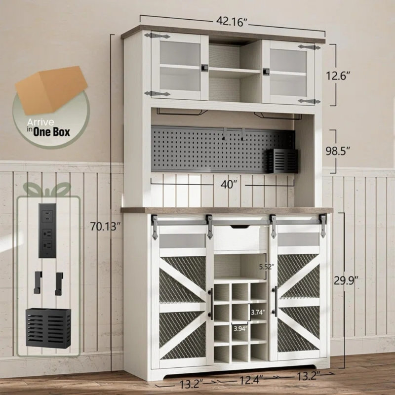 Lavorn 70" Tall Vintage Bar Cabinet with Hutch, Sliding Barn Door, LED Lights, Wine Rack, Outlets, and Pegboard