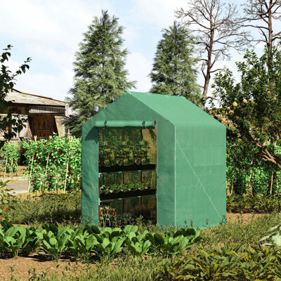 Walk-in Greenhouse 7 'x 5' 6,5 ', couverture en PE, 3 tablettes, cadre en acier pour fleurs, légumes, gaules, plantes tropicales - contrôle de la chaleur et de l'humidité, bloc, pluie pluviale 6,5' avec housse et cadre, tablettes