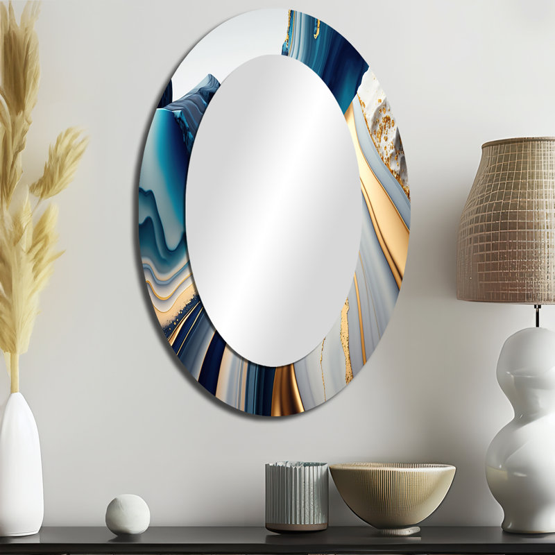 Géode abstraite vagues bleues et dorées I - Miroir décoratif abstrait ovale sur métal, 36 po x 24 po