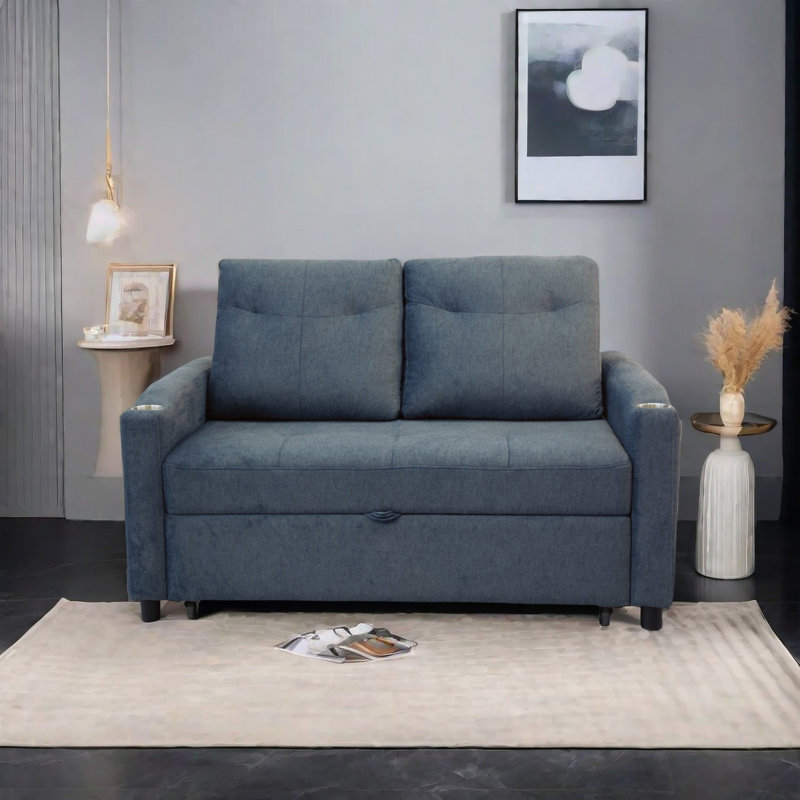 53.2'' Small Loveseat Pull-Out Sofa Bed - Adjustable Backrest, Gray Velvet