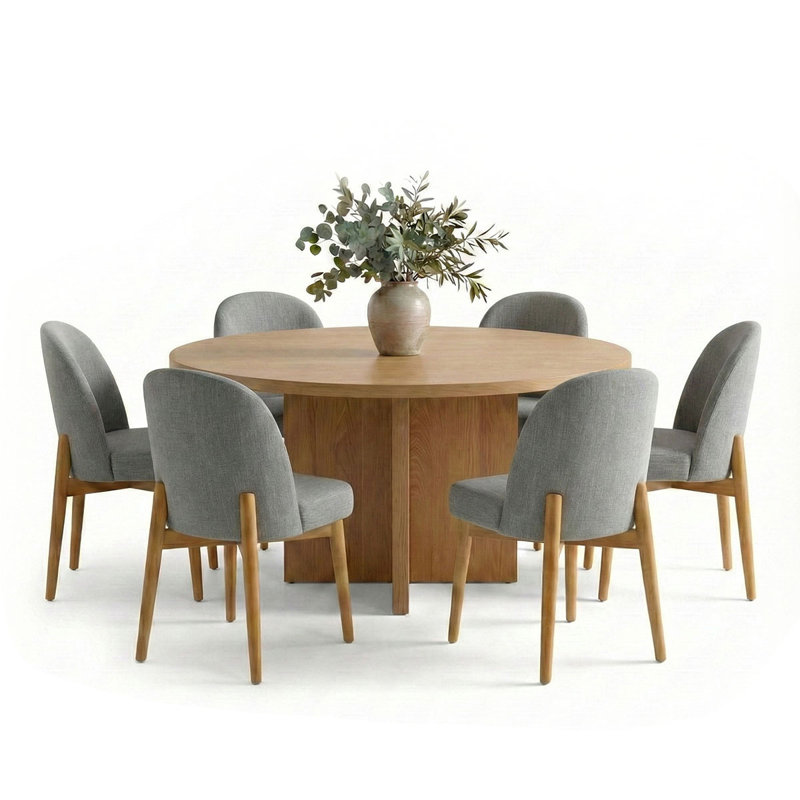 Modern 7-Piece 60-Inch Round Oak Veneer Dining Set With 6 Linen Chairs, Gray