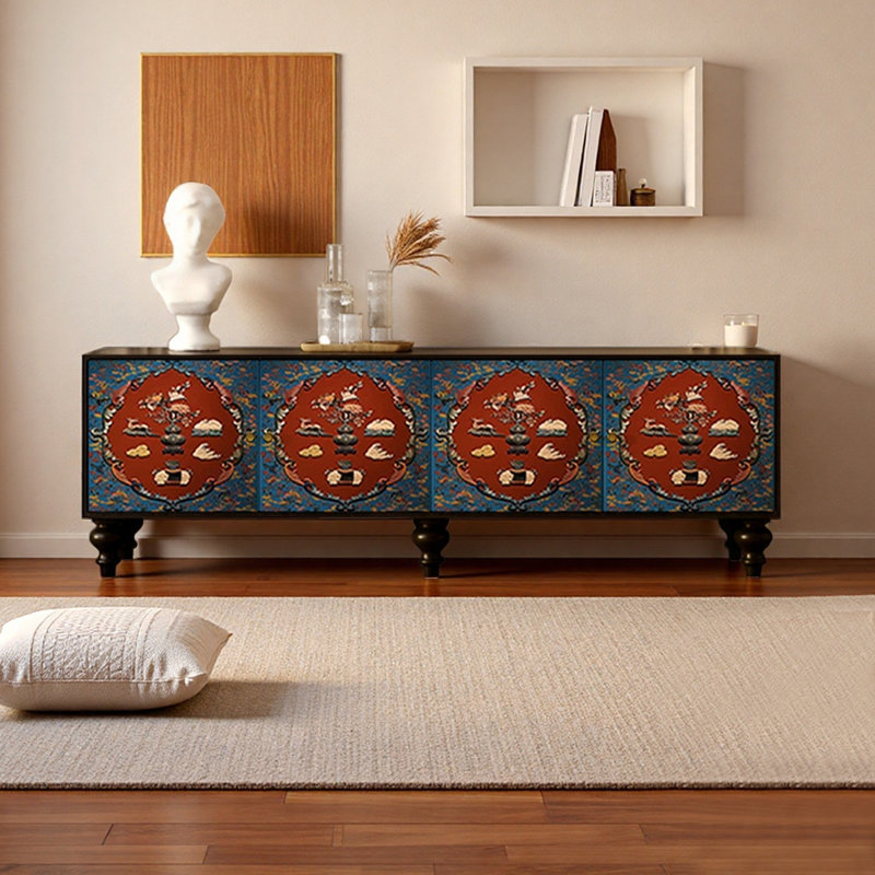 Meuble télé en pin massif avec motif à panneaux imprimés, H 21,65 po x L 78,74 po x l 15,75 po