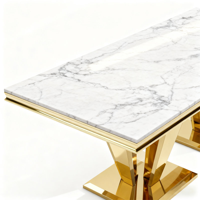 Ensemble de table de salle à manger 7 pièces en marbre blanc 7 pièces avec 6 chaises rembourrées grises et double piédestal doré en acier inoxydable de luxe et robuste pour la cuisine de la salle à manger
