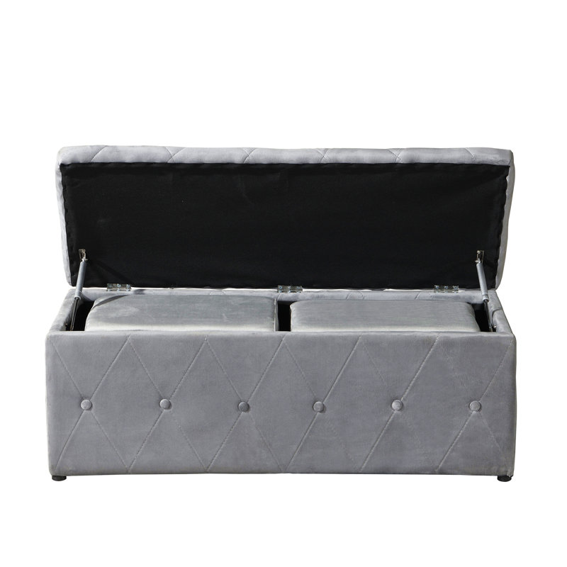 1 Piece Rectangular Storage Ottoman Short Velvet With 2 Set Ottomans (Light Gray)