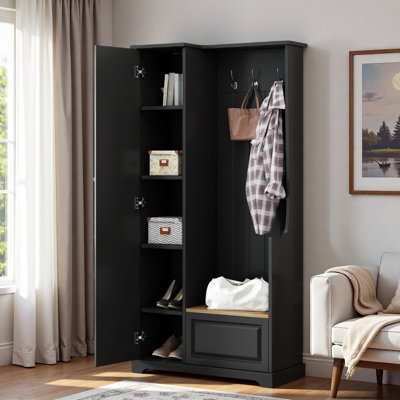 Arbre d'entrée moderne avec banc rabattable, armoire latérale de rangement, tablettes réglables et crochets