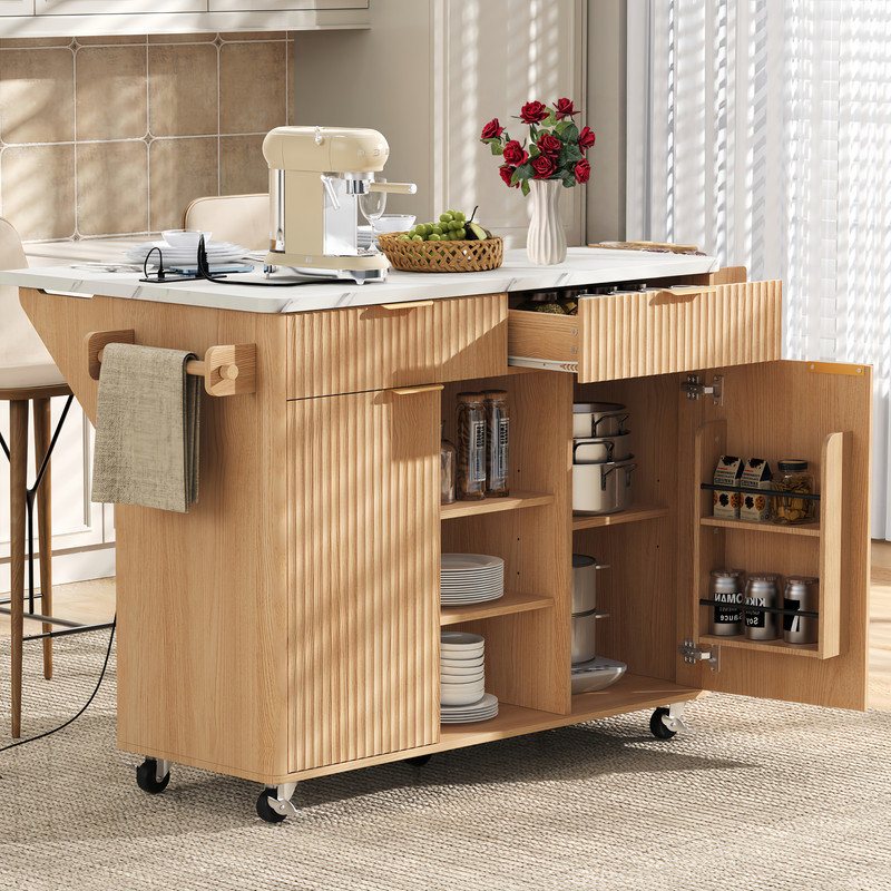 52" Fluted Kitchen Island with Drop Leaf, Power Outlet, Kitchen Storage Cart with Adjustable Shelves, 2 Doors and 2 Drawers, Rolling Island Table with Walnut Color Top for Kitchen