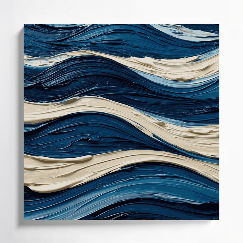 Horizontal Striped Midnight Blue Cream Blue Canvas Wall Art, 16" H x 16" W