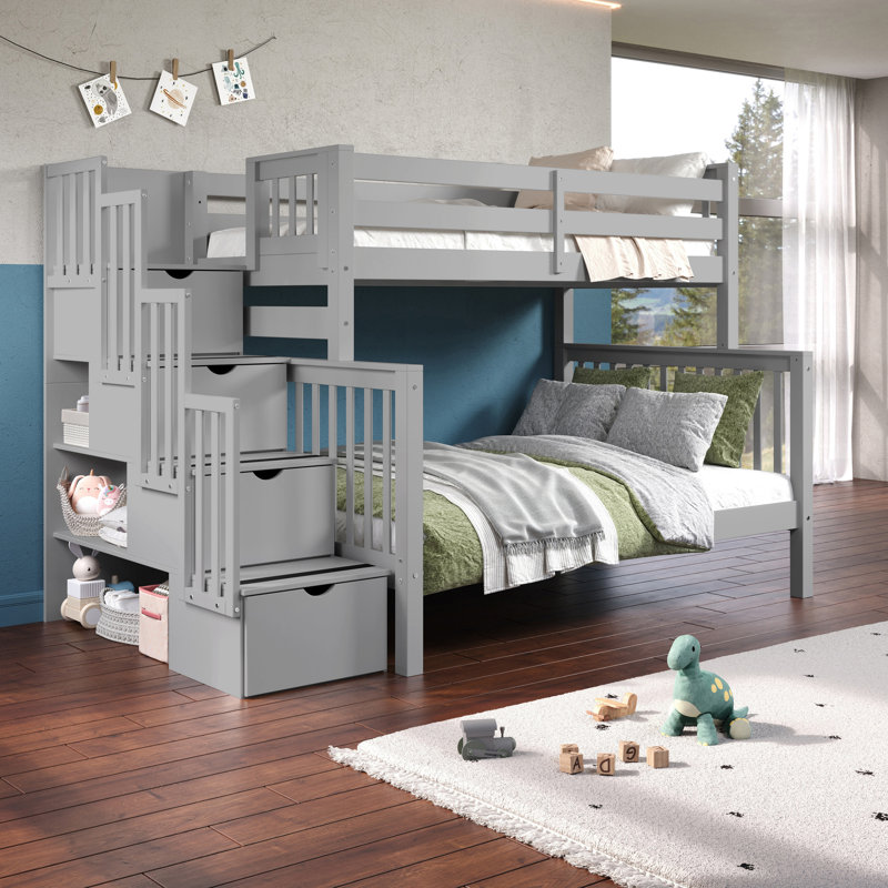Tena Solid Wood Standard Stairway Bunk Beds Twin over Full, 4 Drawers in the Steps, Gray, Gray, Twin over Full