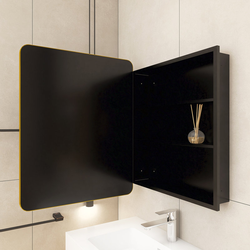 Armoire à pharmacie encastrée ou à fixation en surface avec porte en miroir, Or / noir mat, H 30 po x l 24 po x P 4,9 po