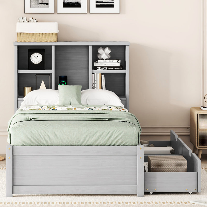 Lit simple avec rangement et tiroir, tête de lit et port de style moderne gris, espace, Gris