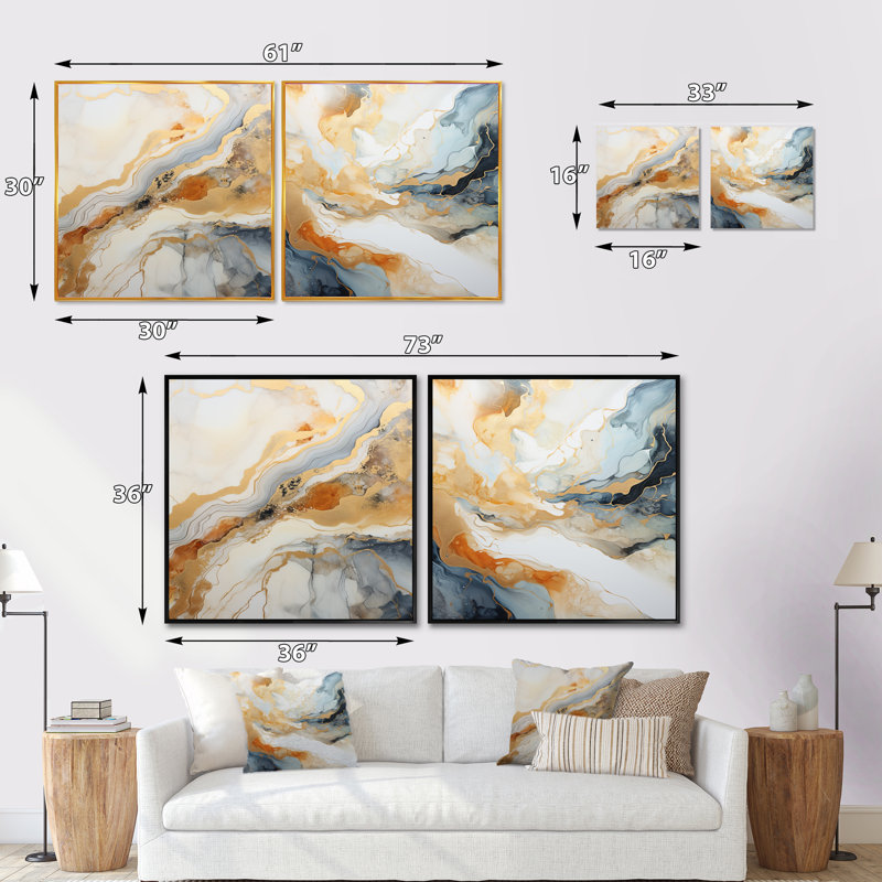 Peinture abstraite beige et geyser doré - ensemble de 2 collages abstraits carrés, Cadre flottant noir, H 16 po x l 33 po