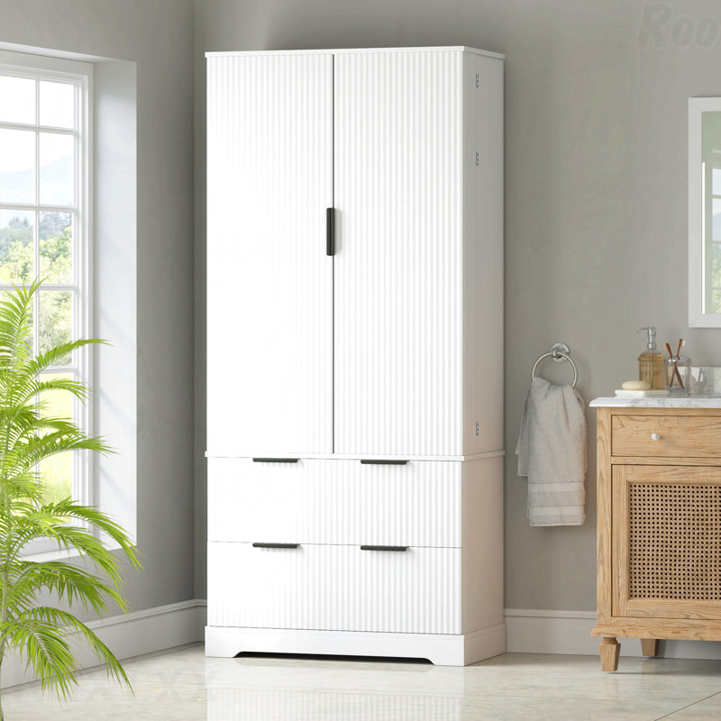 72" White Modern Fluted Kitchen Pantry Cabinet - 2 Large Drawers, 8-Door Spice Rack, Freestanding Organizer, White