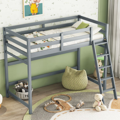 Sneza Pine Twin Size High Loft Bed with inclined Ladder, Guardrails -  Red Barrel StudioÂ®, 22206A6FC29340D4894F7A72B6D0151E