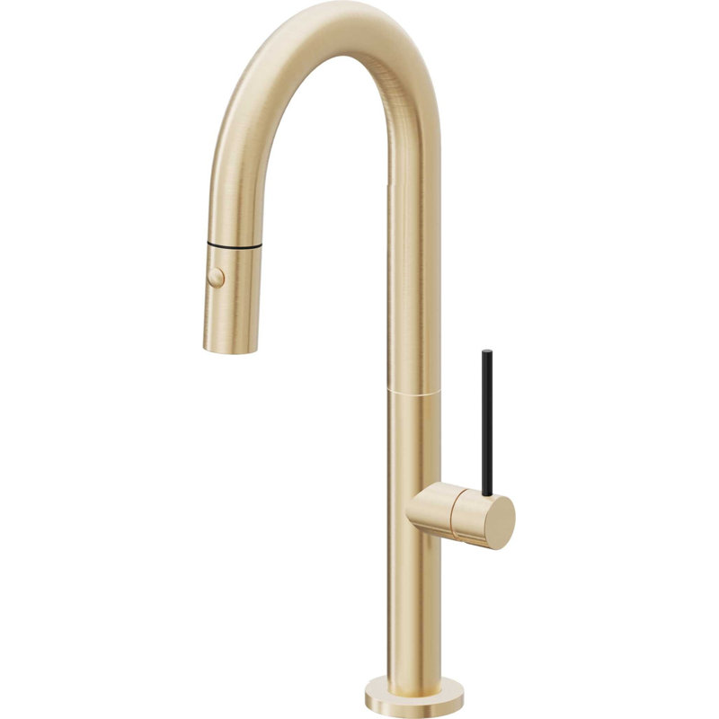 Pull-Down Prep/Bar Faucet With Button Sprayer, Satin Brass, Black Stick